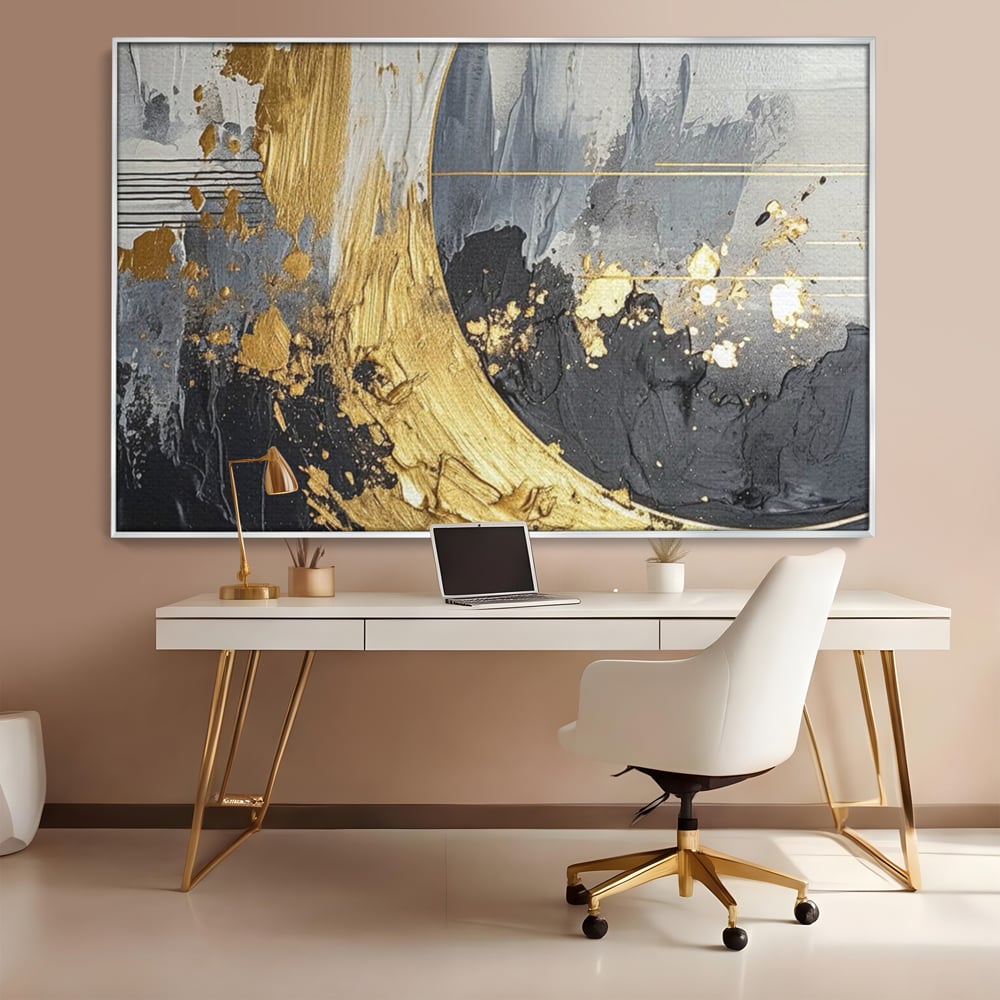 Tablou canvas cu pictura abstracta cu arc aurit si texturi gri, in rama de aluminiu argintiu, pe perete intr-un birou