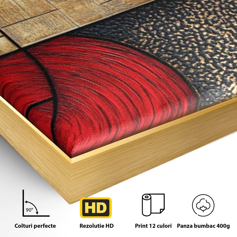 Detaliu al suprafetei: tablou canvas cu forme geometrice abstracte, in rama de aluminiu auriu