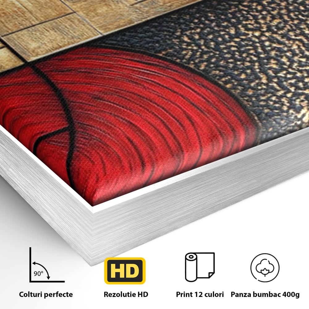 Detaliu al suprafetei: tablou canvas cu forme geometrice abstracte, in rama de aluminiu argintiu