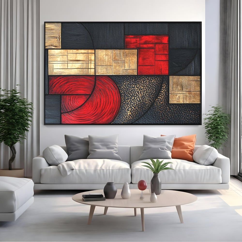 Tablou canvas cu tablou canvas cu forme geometrice abstracte, in rama de aluminiu negru, pe perete intr-un living
