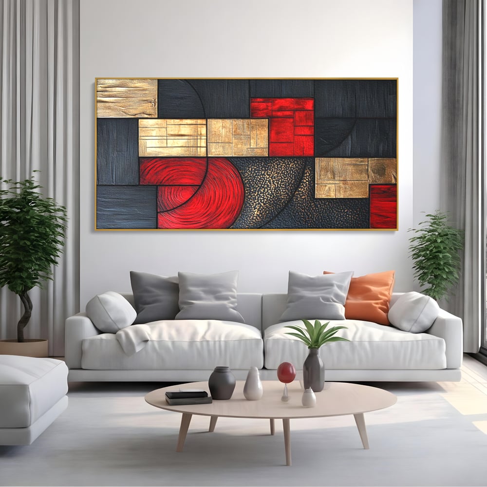 Tablou canvas cu tablou canvas cu forme geometrice abstracte, in rama de aluminiu auriu, pe perete intr-un living