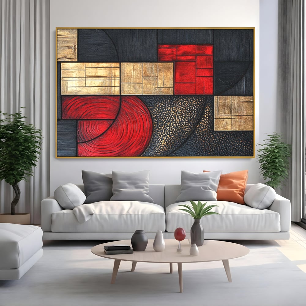 Tablou canvas cu tablou canvas cu forme geometrice abstracte, in rama de aluminiu auriu, pe perete intr-un living