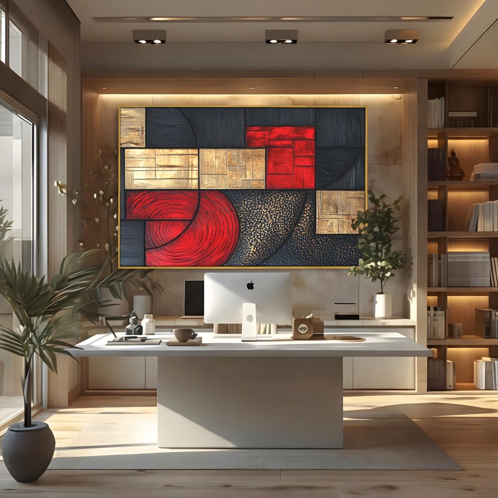 Tablou canvas cu tablou canvas cu forme geometrice abstracte, in rama de aluminiu auriu, pe perete intr-un birou