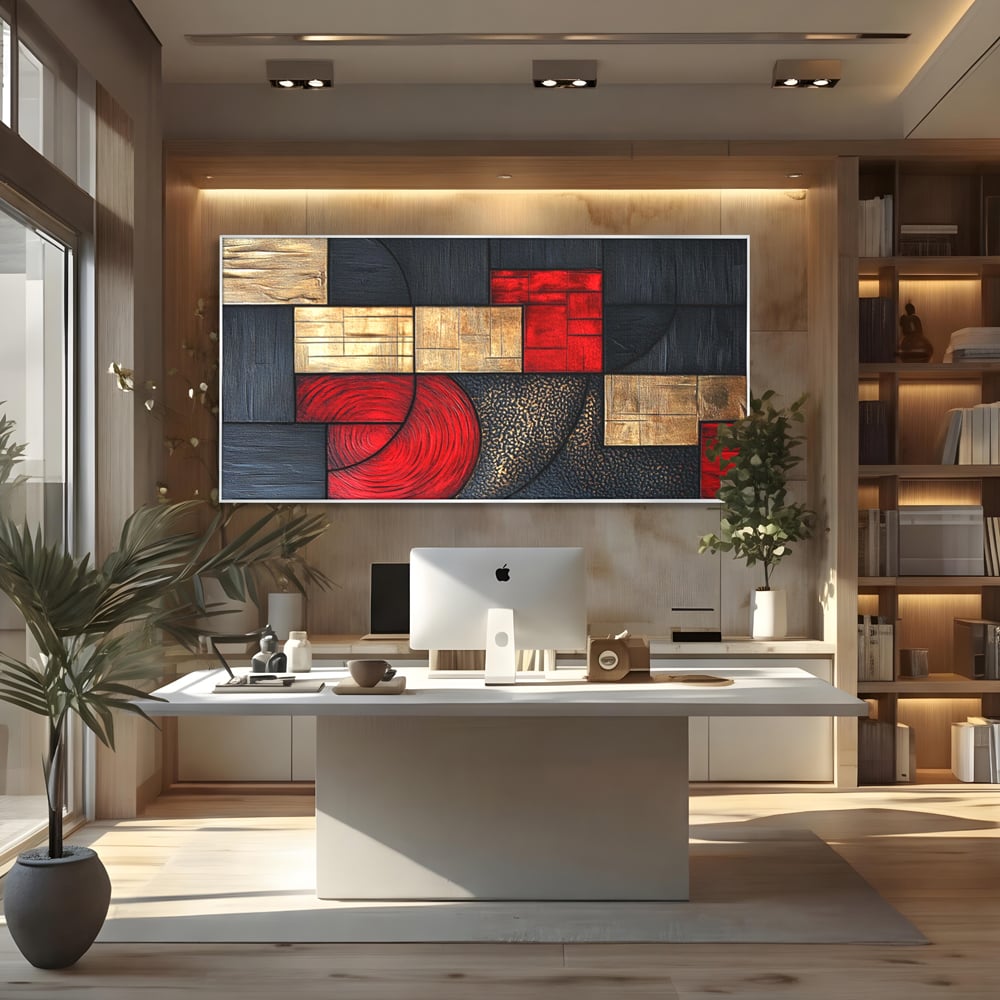 Tablou canvas cu tablou canvas cu forme geometrice abstracte, in rama de aluminiu argintiu, pe perete intr-un birou