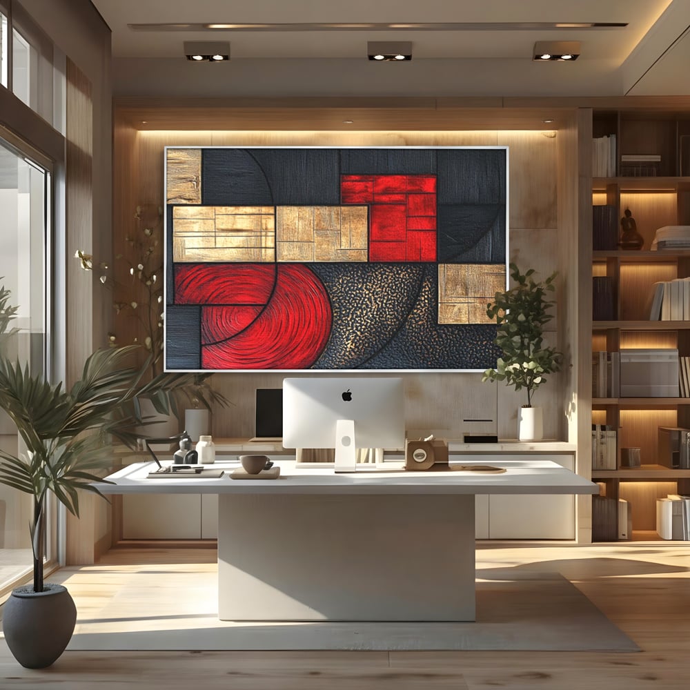 Tablou canvas cu tablou canvas cu forme geometrice abstracte, in rama de aluminiu argintiu, pe perete intr-un birou