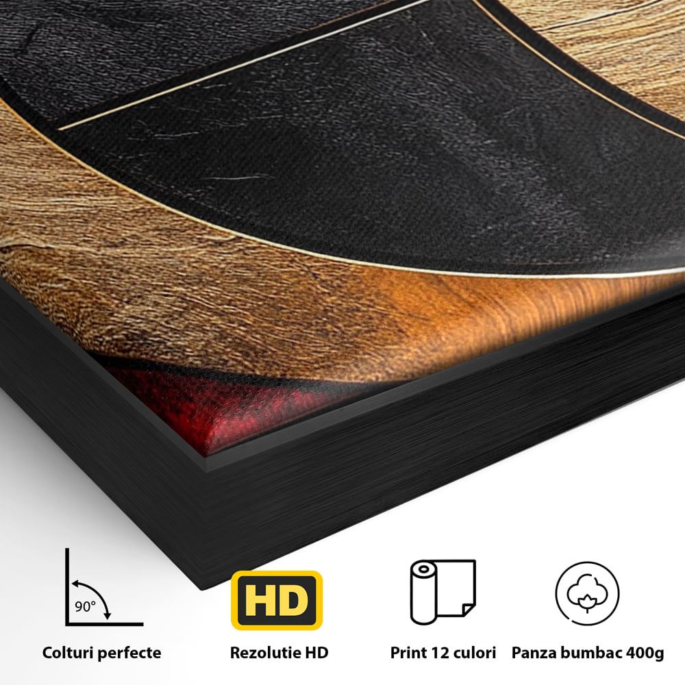 Detaliu al suprafetei: tablou canvas cu forme geometrice aurii si rosii, in rama de aluminiu negru