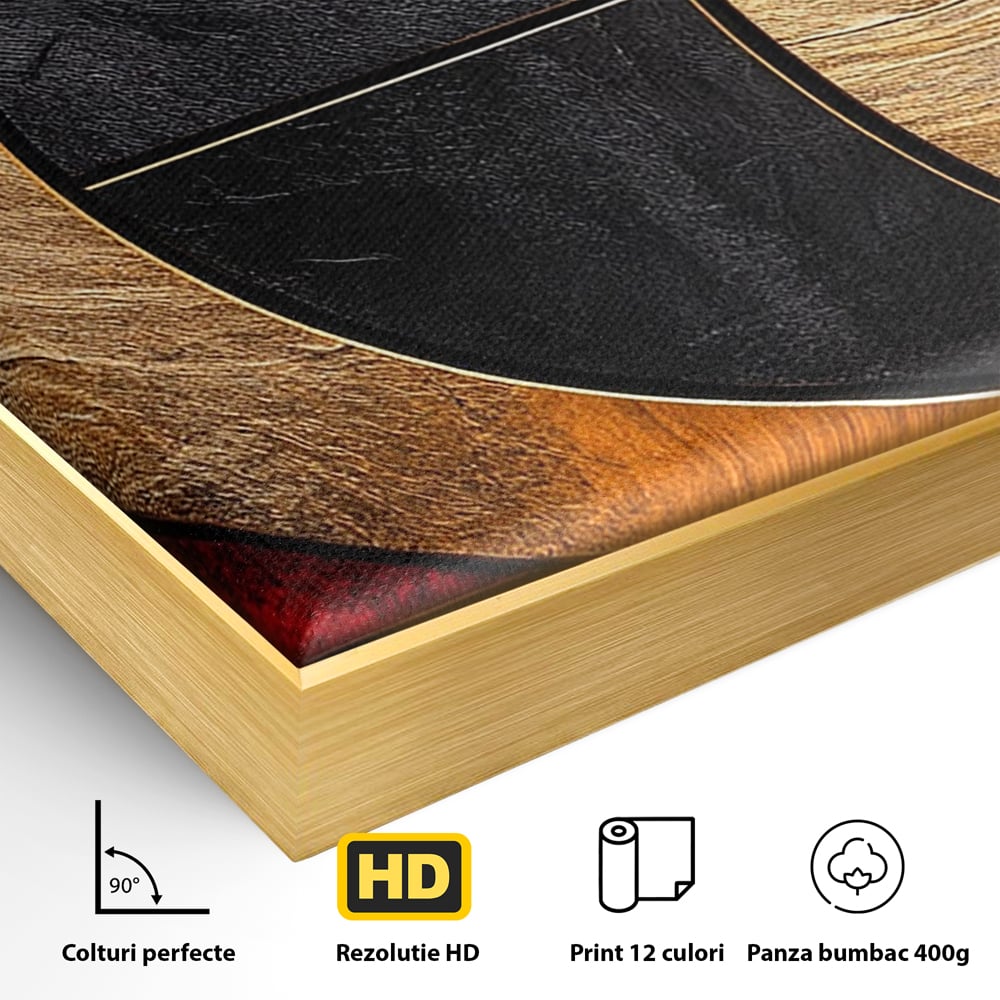Detaliu al suprafetei: tablou canvas cu forme geometrice aurii si rosii, in rama de aluminiu auriu