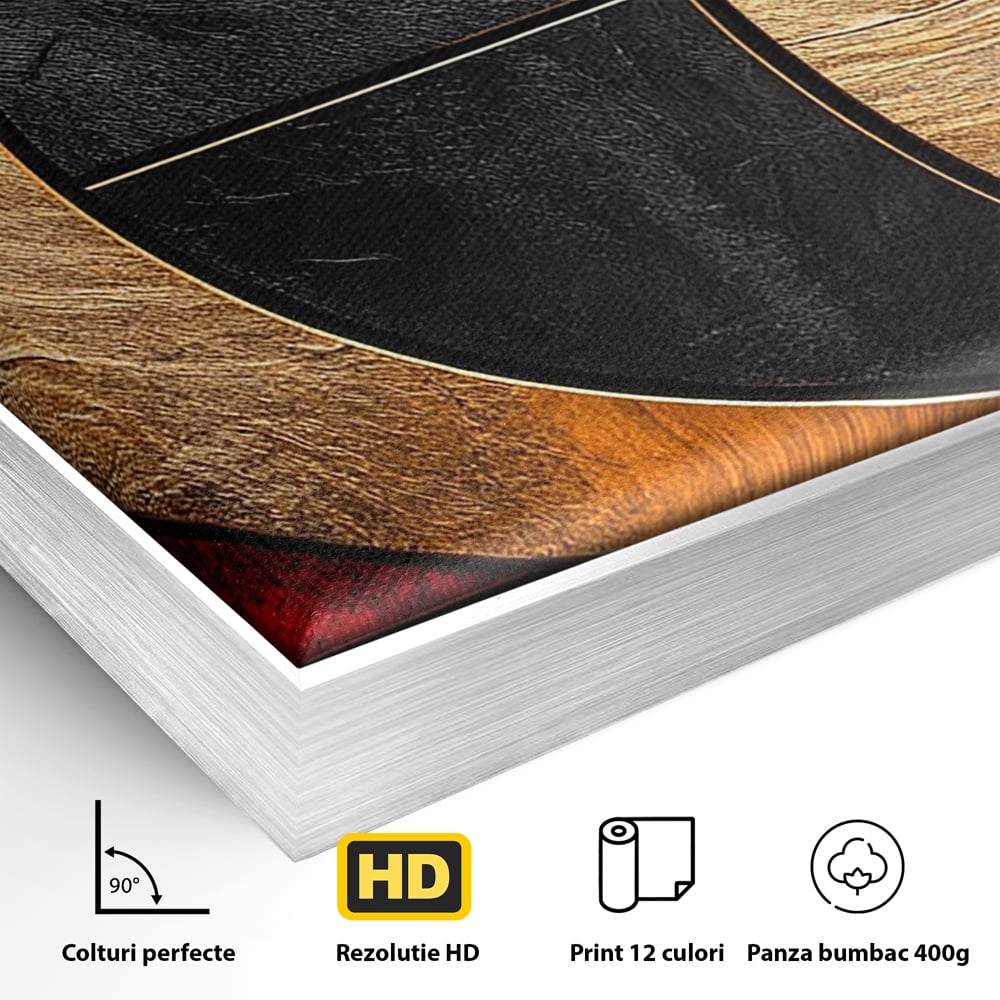 Detaliu al suprafetei: tablou canvas cu forme geometrice aurii si rosii, in rama de aluminiu argintiu