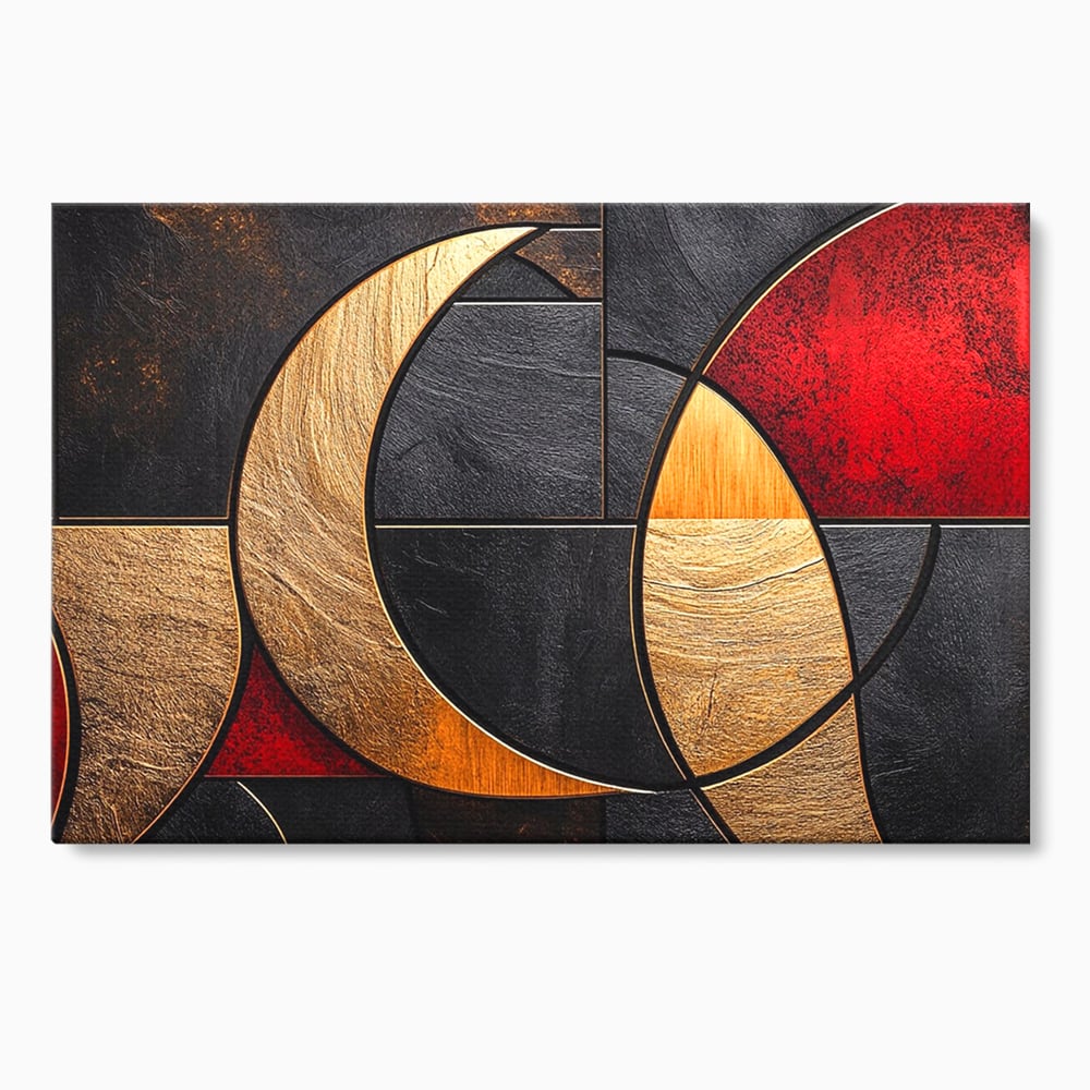 Tablou canvas cu tablou canvas cu forme geometrice aurii si rosii, fara rama, pe sasiu de lemn