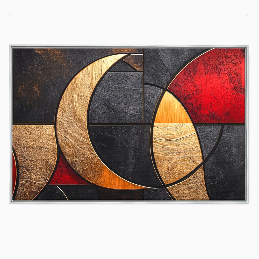 Tablou canvas cu tablou canvas cu forme geometrice aurii si rosii, in rama de aluminiu argintiu