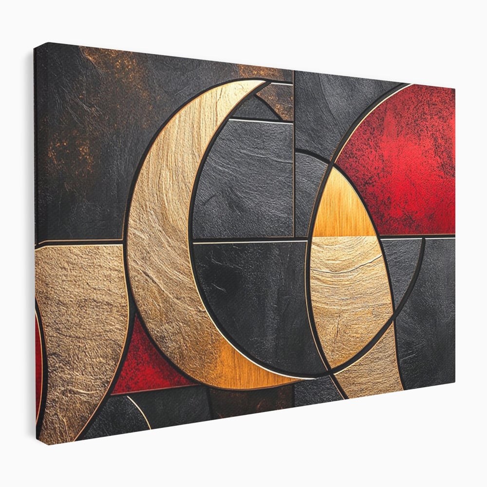 Tablou canvas cu tablou canvas cu forme geometrice aurii si rosii, fara rama, pe sasiu de lemn