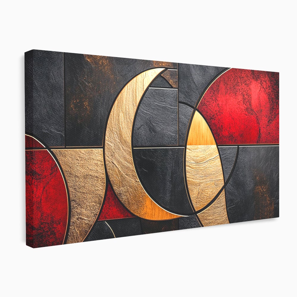 Tablou canvas cu tablou canvas cu forme geometrice aurii si rosii, fara rama, pe sasiu de lemn