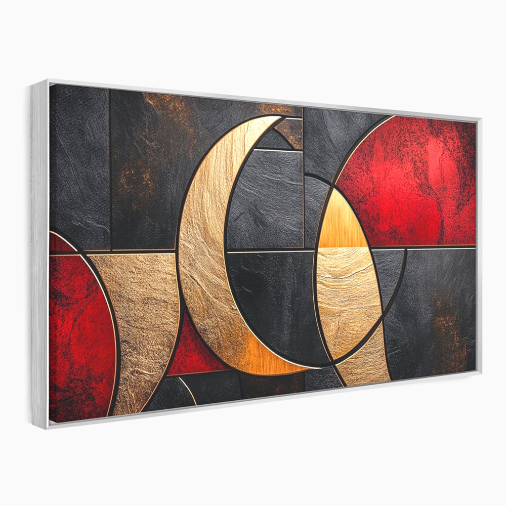 Tablou canvas cu tablou canvas cu forme geometrice aurii si rosii, in rama de aluminiu argintiu