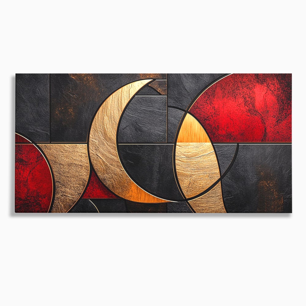Tablou canvas cu tablou canvas cu forme geometrice aurii si rosii, fara rama, pe sasiu de lemn