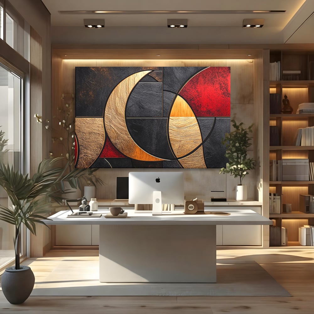 Tablou canvas cu tablou canvas cu forme geometrice aurii si rosii, fara rama, pe sasiu de lemn, pe perete intr-un birou
