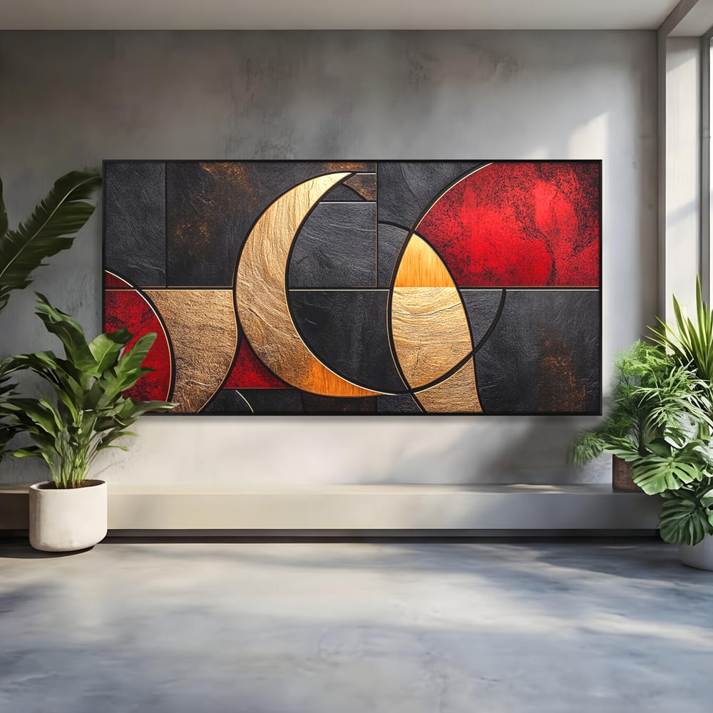 Tablou canvas cu tablou canvas cu forme geometrice aurii si rosii, in rama de aluminiu negru