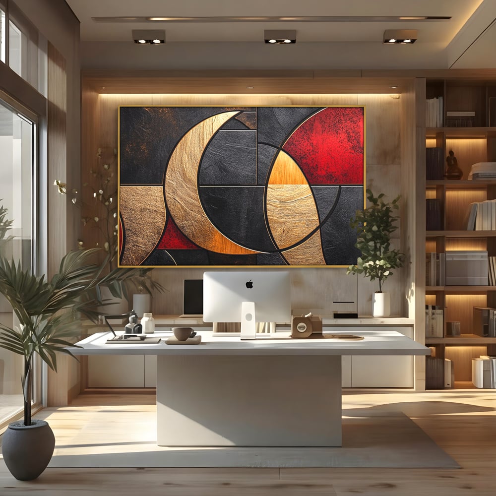 Tablou canvas cu tablou canvas cu forme geometrice aurii si rosii, in rama de aluminiu auriu, pe perete intr-un birou