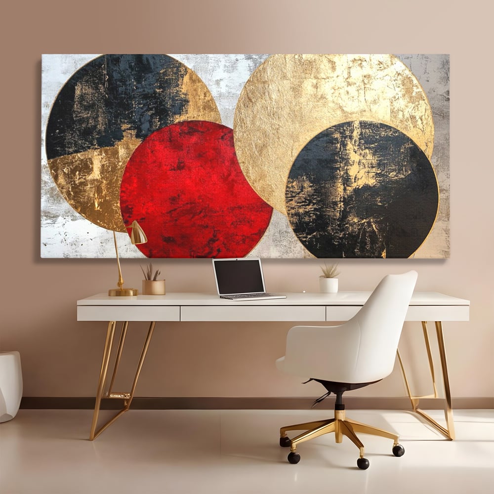 Tablou canvas cu tablou canvas cu cercuri abstracte, fara rama, pe sasiu de lemn, pe perete intr-un birou