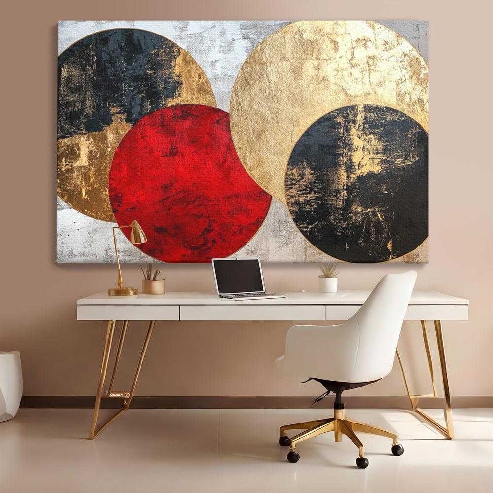 Tablou canvas cu tablou canvas cu cercuri abstracte, fara rama, pe sasiu de lemn, pe perete intr-un birou