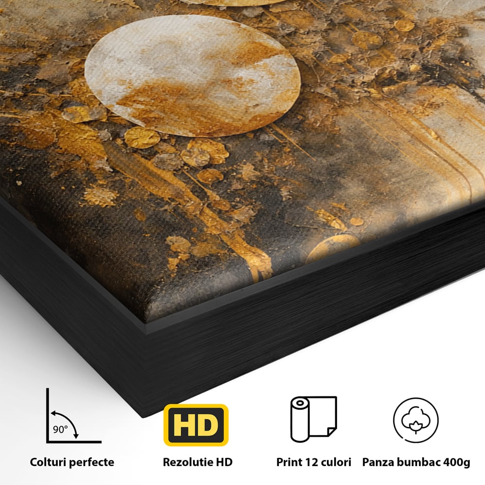 Detaliu al suprafetei: tablou canvas abstract cu cercuri aurii, in rama de aluminiu negru