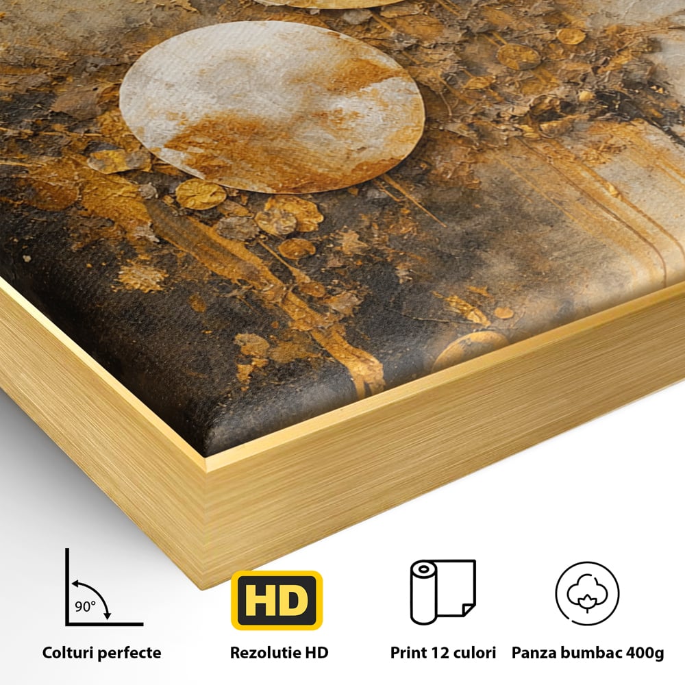 Detaliu al suprafetei: tablou canvas abstract cu cercuri aurii, in rama de aluminiu auriu