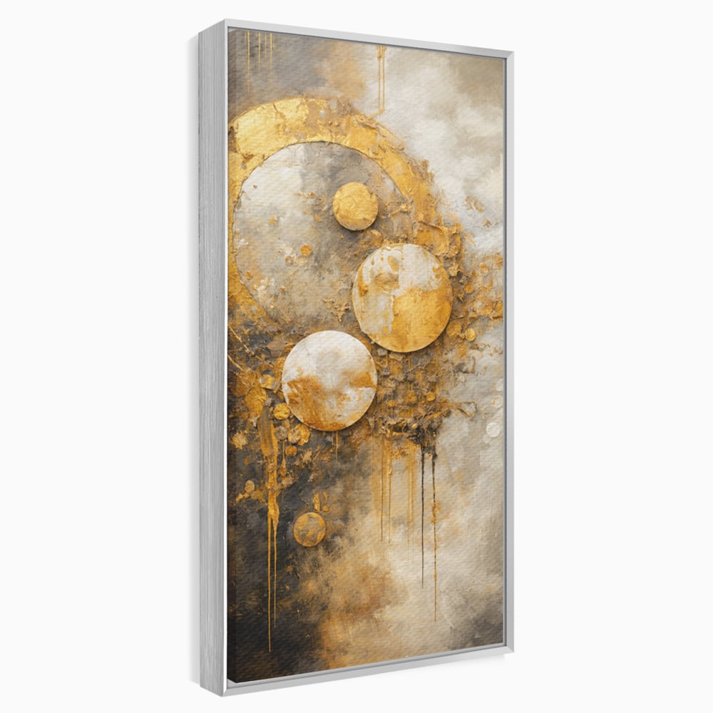 Tablou canvas cu tablou canvas abstract cu cercuri aurii, in rama de aluminiu argintiu