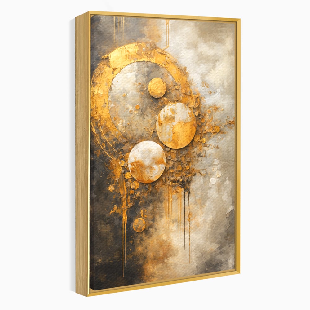 Tablou canvas cu tablou canvas abstract cu cercuri aurii, in rama de aluminiu auriu