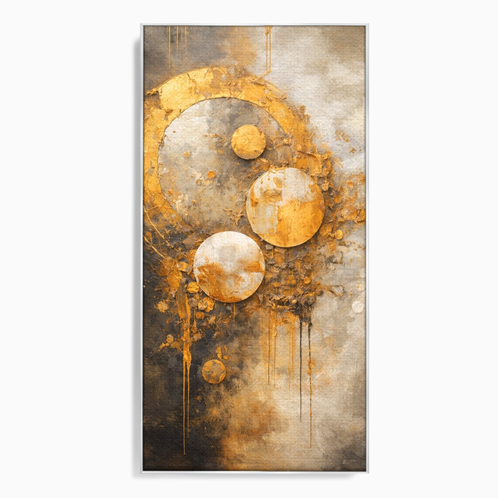 Tablou canvas cu tablou canvas abstract cu cercuri aurii, in rama de aluminiu argintiu
