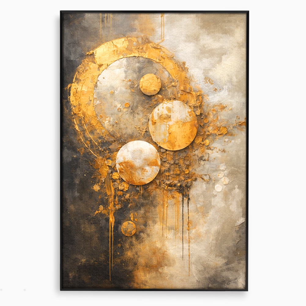 Tablou canvas cu tablou canvas abstract cu cercuri aurii, in rama de aluminiu negru