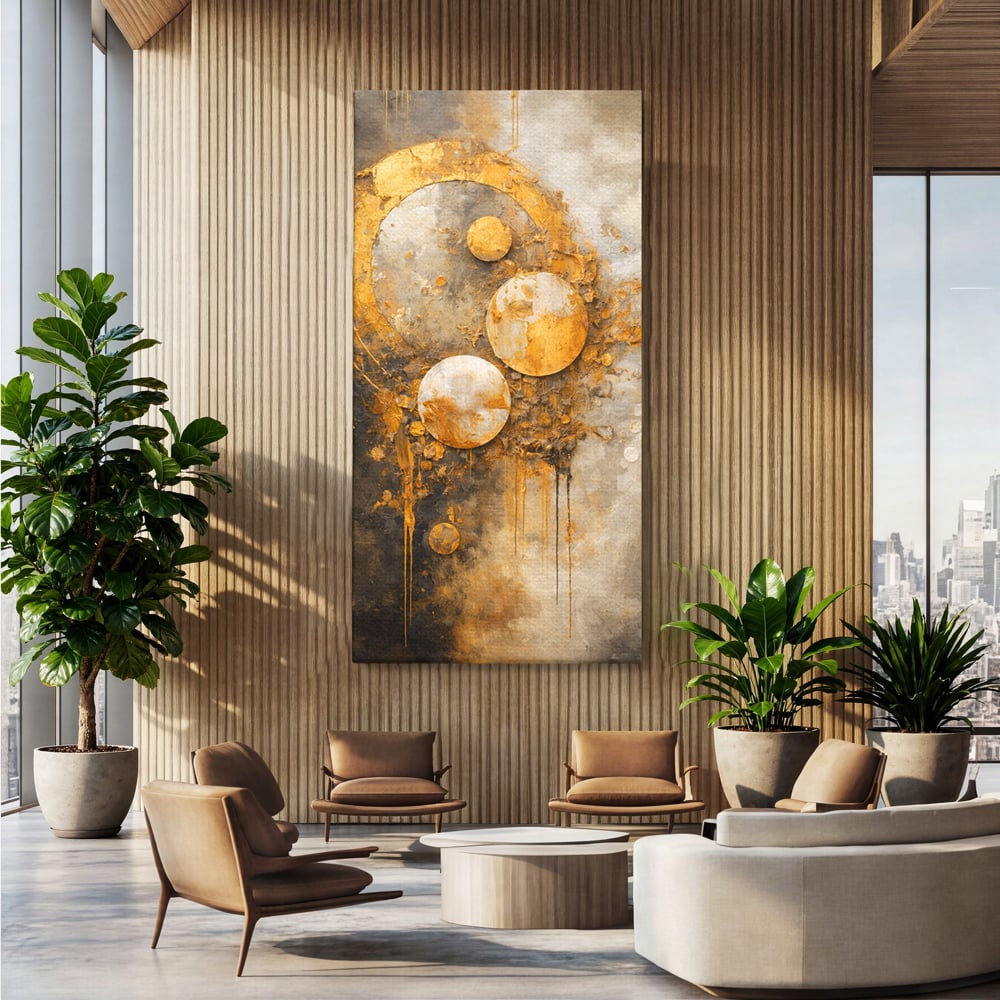 Tablou canvas cu tablou canvas abstract cu cercuri aurii, fara rama, pe sasiu de lemn, pe perete intr-un birou
