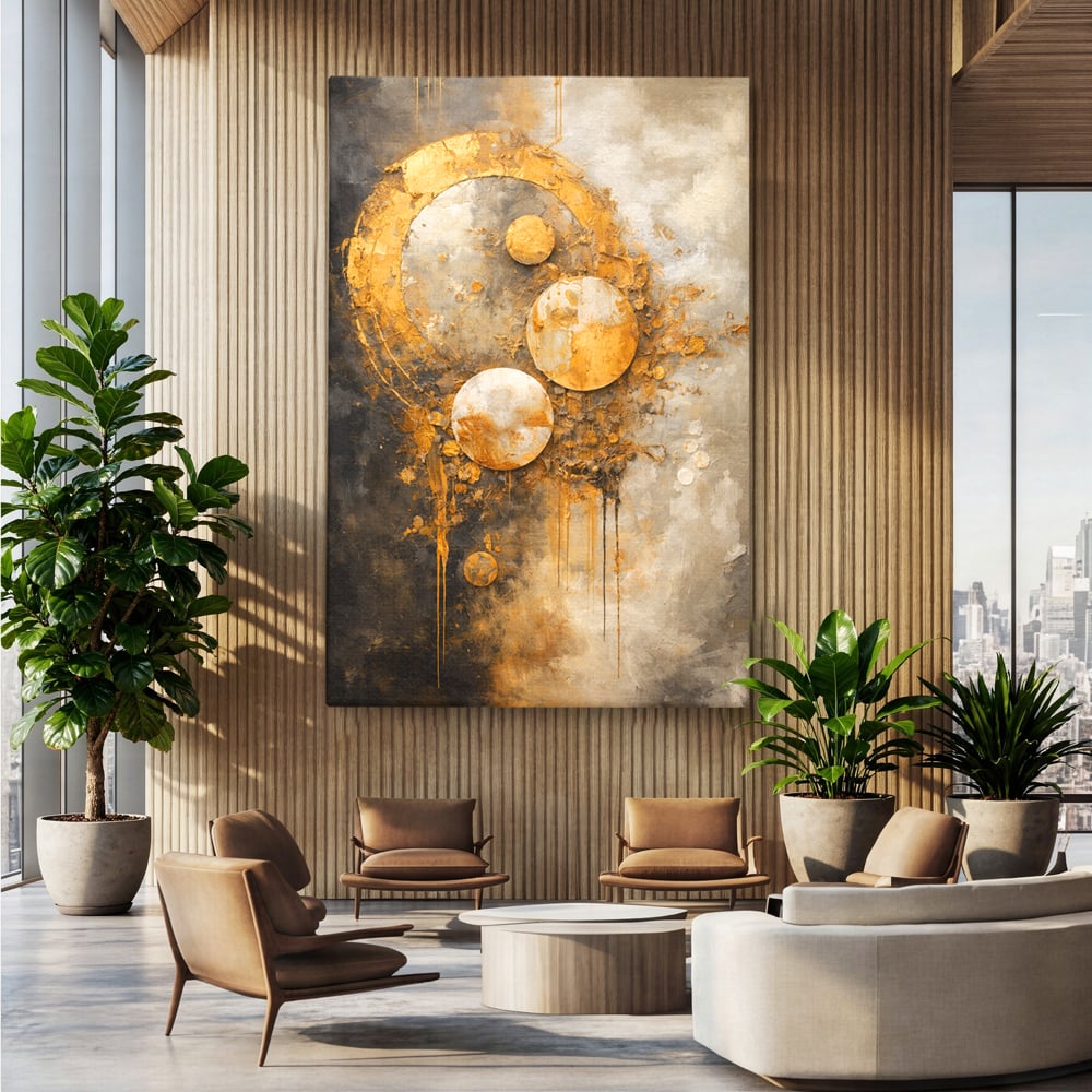 Tablou canvas cu tablou canvas abstract cu cercuri aurii, fara rama, pe sasiu de lemn, pe perete intr-un birou