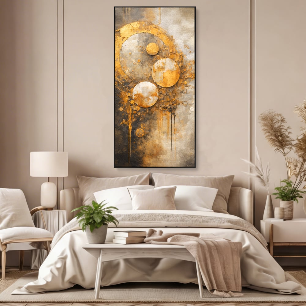Tablou canvas cu tablou canvas abstract cu cercuri aurii, in rama de aluminiu negru, pe perete intr-un dormitor
