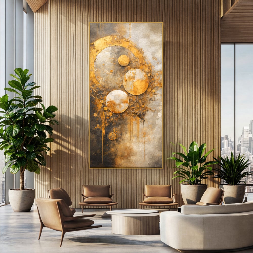 Tablou canvas cu tablou canvas abstract cu cercuri aurii, in rama de aluminiu auriu, pe perete intr-un birou
