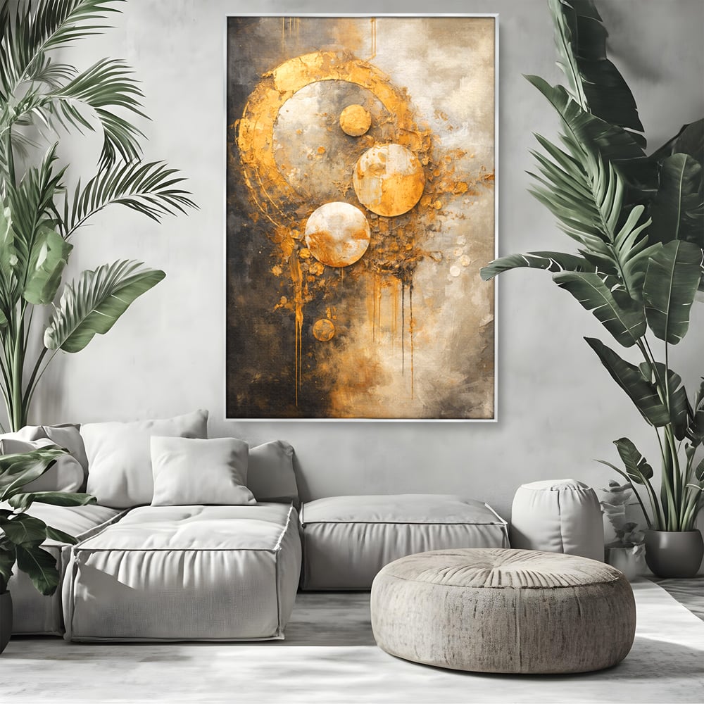 Tablou canvas cu tablou canvas abstract cu cercuri aurii, in rama de aluminiu argintiu, pe perete intr-un living
