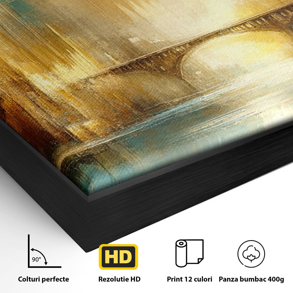 Detaliu al suprafetei: pictura abstracta cu pod si oras, in rama de aluminiu negru
