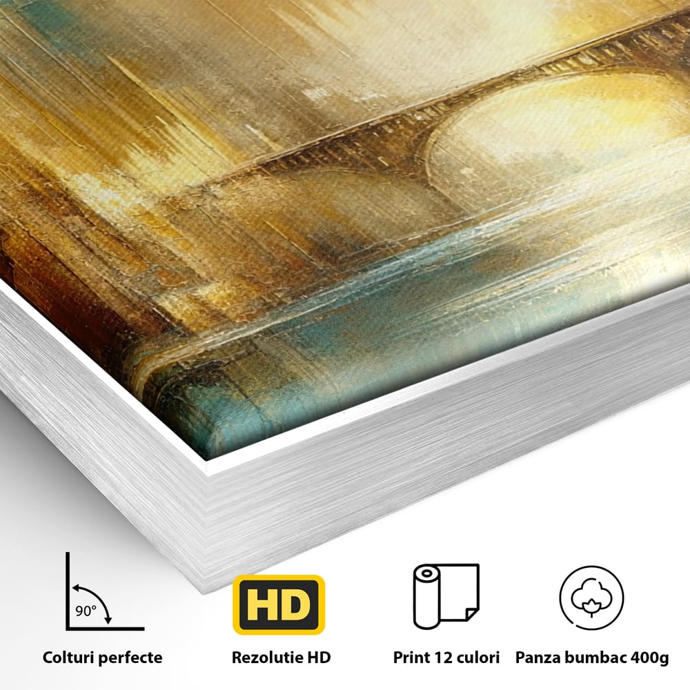 Detaliu al suprafetei: pictura abstracta cu pod si oras, in rama de aluminiu argintiu