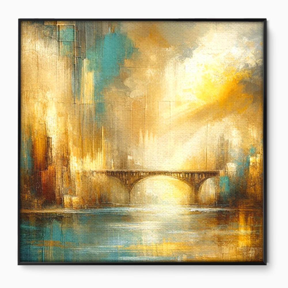 Tablou canvas cu pictura abstracta cu pod si oras, in rama de aluminiu negru