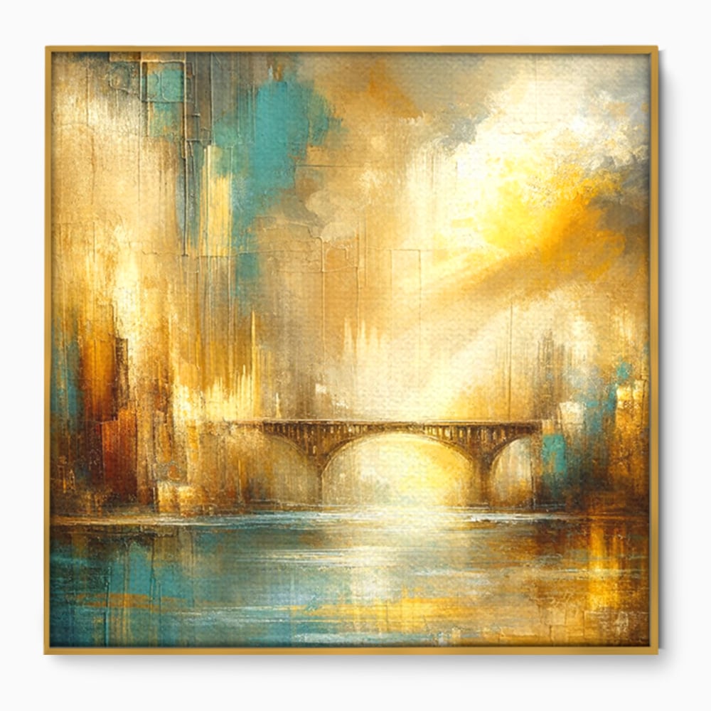 Tablou canvas cu pictura abstracta cu pod si oras, in rama de aluminiu auriu