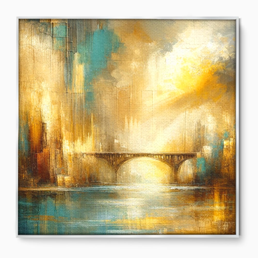 Tablou canvas cu pictura abstracta cu pod si oras, in rama de aluminiu argintiu