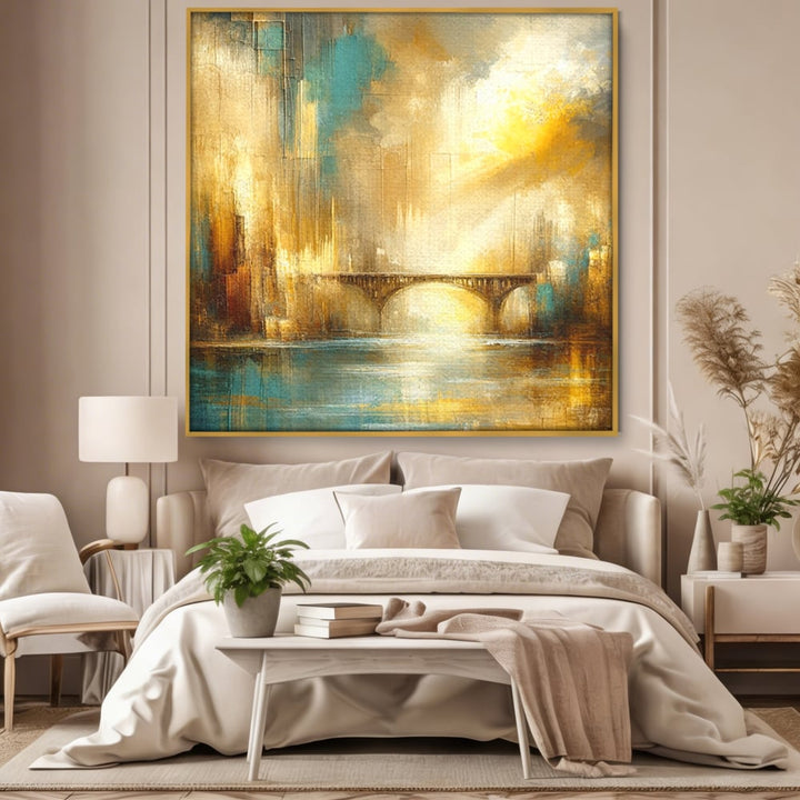 Tablou canvas cu pictura abstracta cu pod si oras, in rama de aluminiu auriu, pe perete intr-un dormitor