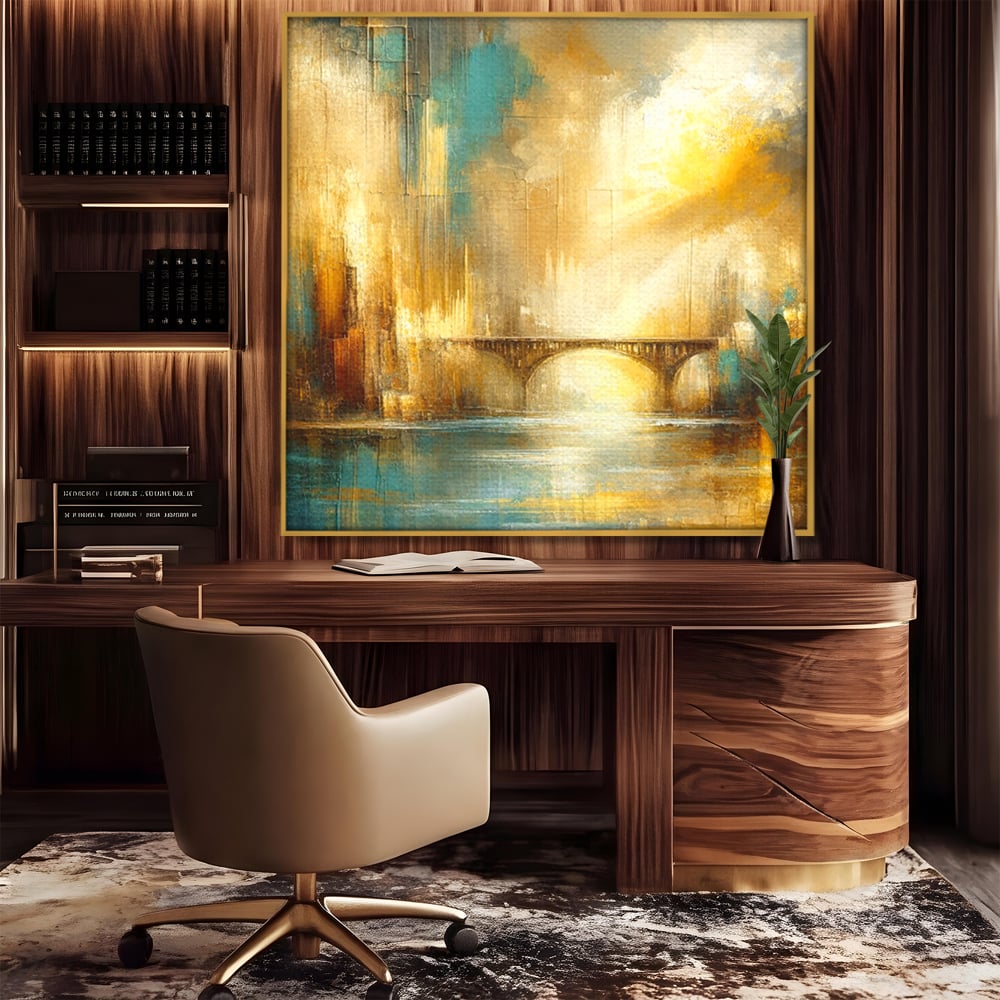 Tablou canvas cu pictura abstracta cu pod si oras, in rama de aluminiu auriu, pe perete intr-un birou