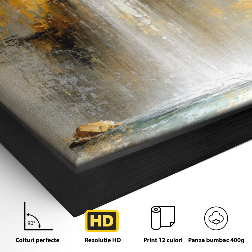 Detaliu al suprafetei: pictura abstracta cu cascada aurie, in rama de aluminiu negru