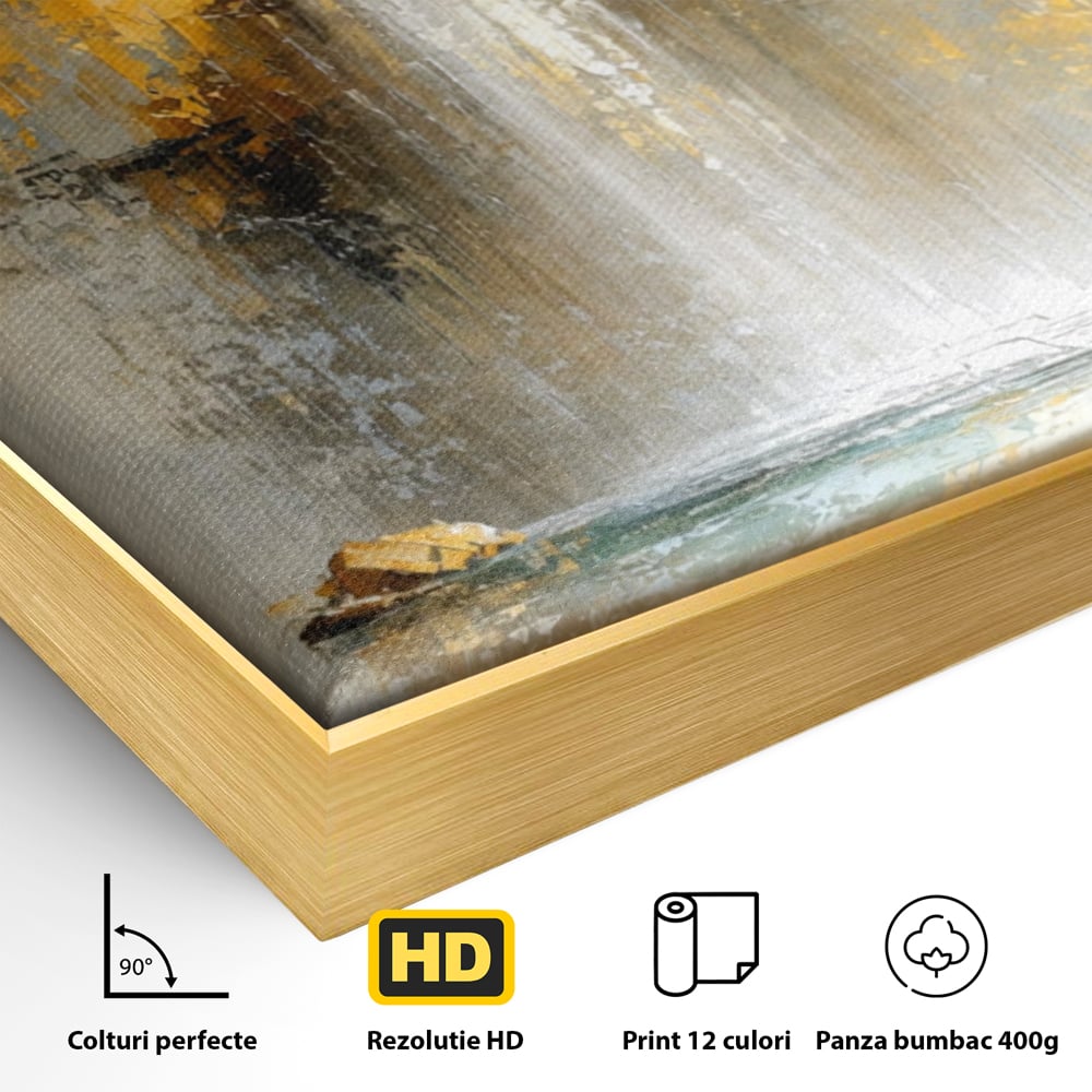 Detaliu al suprafetei: pictura abstracta cu cascada aurie, in rama de aluminiu auriu
