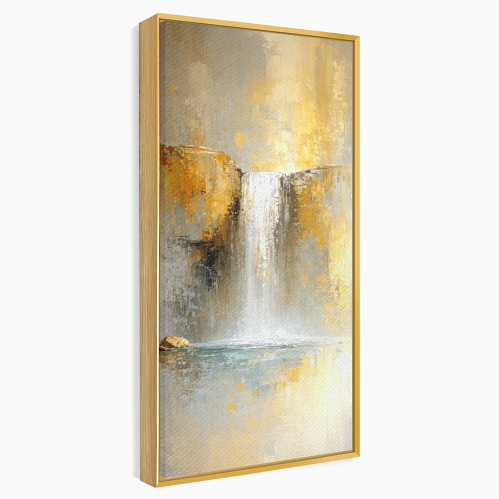 Tablou canvas cu pictura abstracta cu cascada aurie, in rama de aluminiu auriu