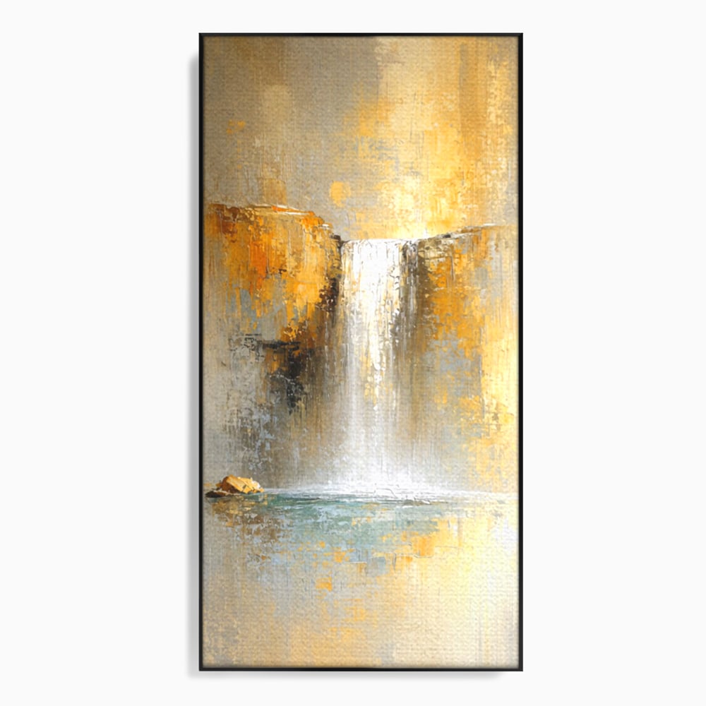 Tablou canvas cu pictura abstracta cu cascada aurie, in rama de aluminiu negru