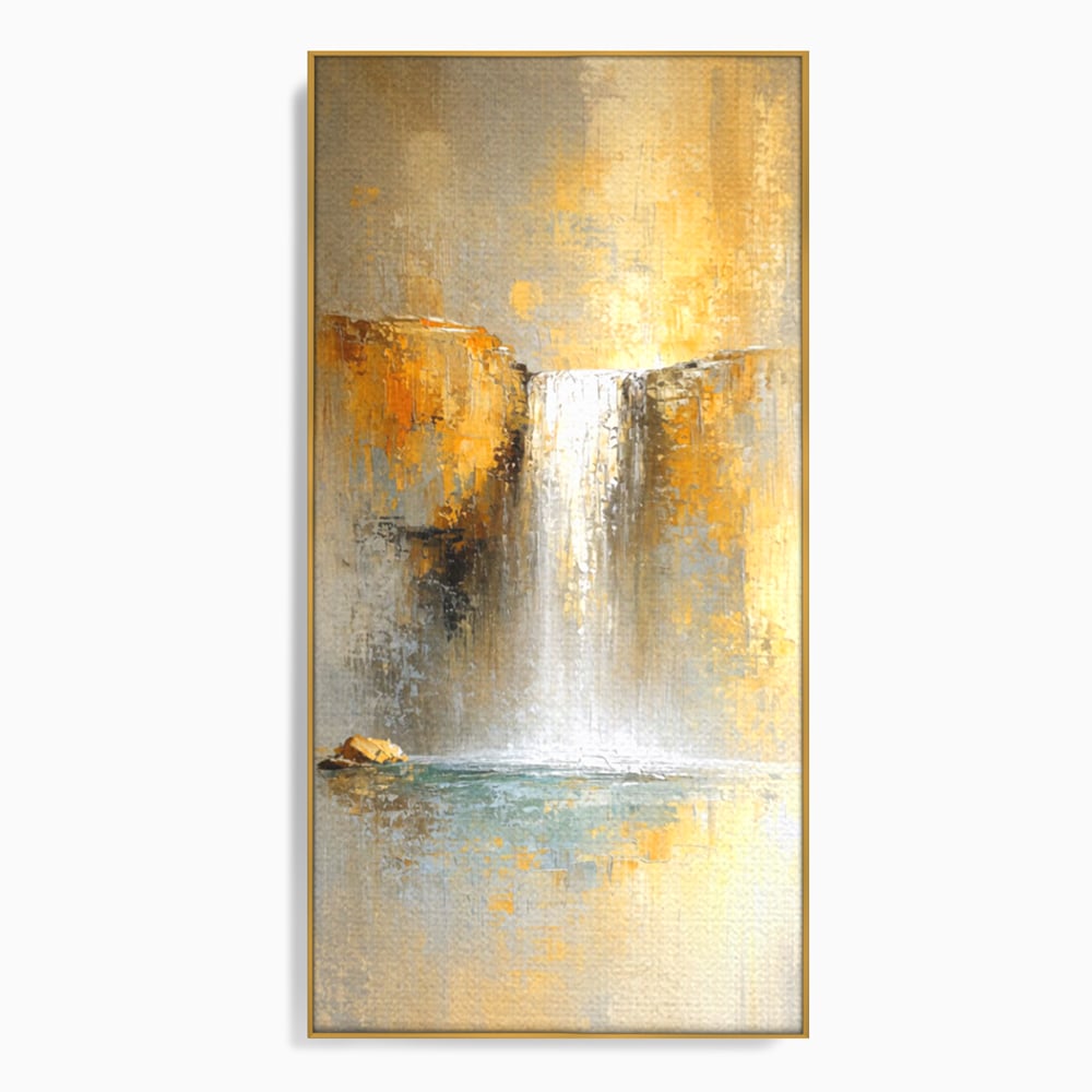 Tablou canvas cu pictura abstracta cu cascada aurie, in rama de aluminiu auriu
