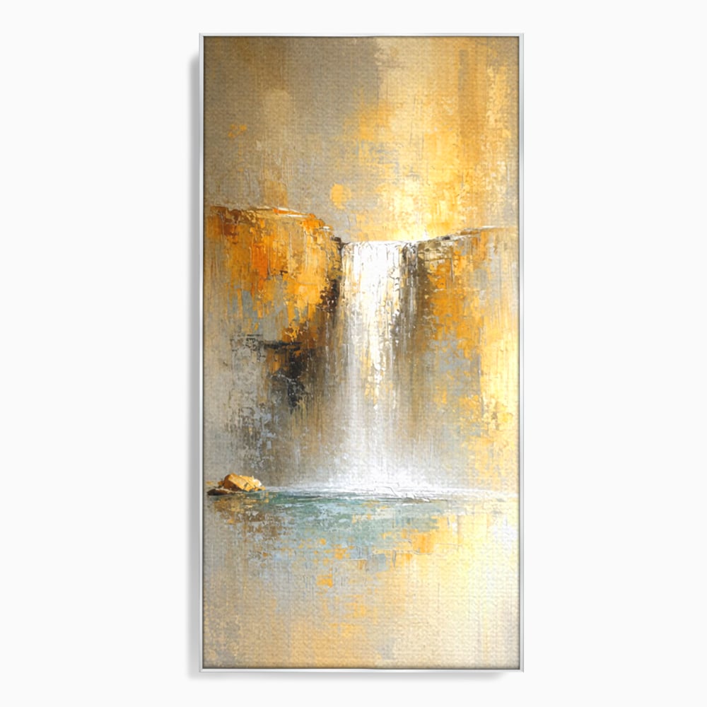 Tablou canvas cu pictura abstracta cu cascada aurie, in rama de aluminiu argintiu
