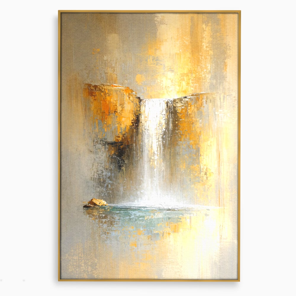 Tablou canvas cu pictura abstracta cu cascada aurie, in rama de aluminiu auriu