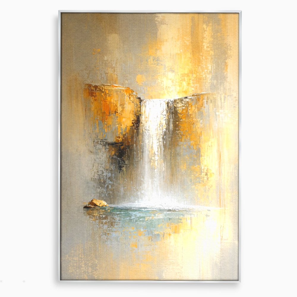 Tablou canvas cu pictura abstracta cu cascada aurie, in rama de aluminiu argintiu