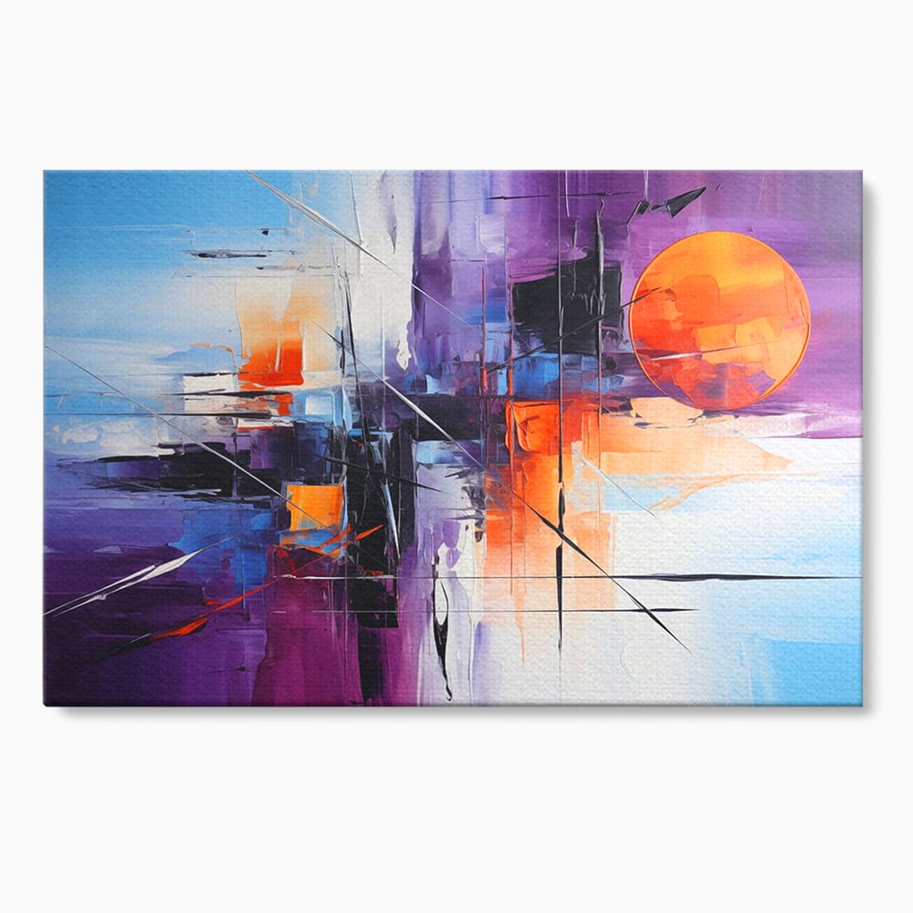 Tablou canvas cu pictura abstracta cu soare portocaliu, fara rama, pe sasiu de lemn